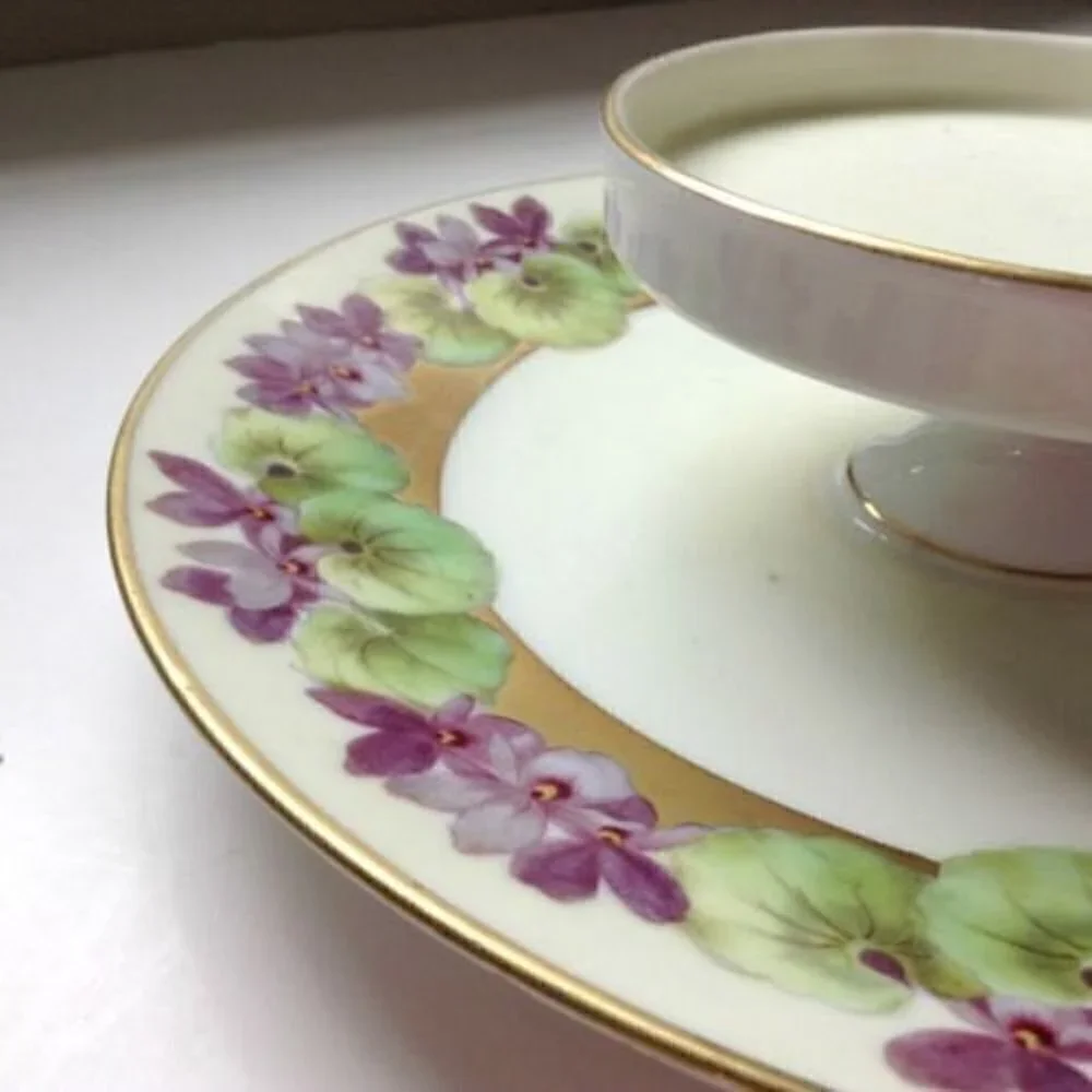 Bavaria Two Tiered Serving Plate Hand Painted Artist Signed Violets Gold Trim